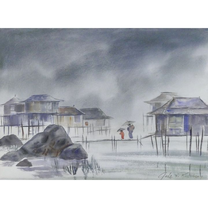 Jule Kullberg ''Rainy Day, Japan'' Watercolor Framed 28''x36''