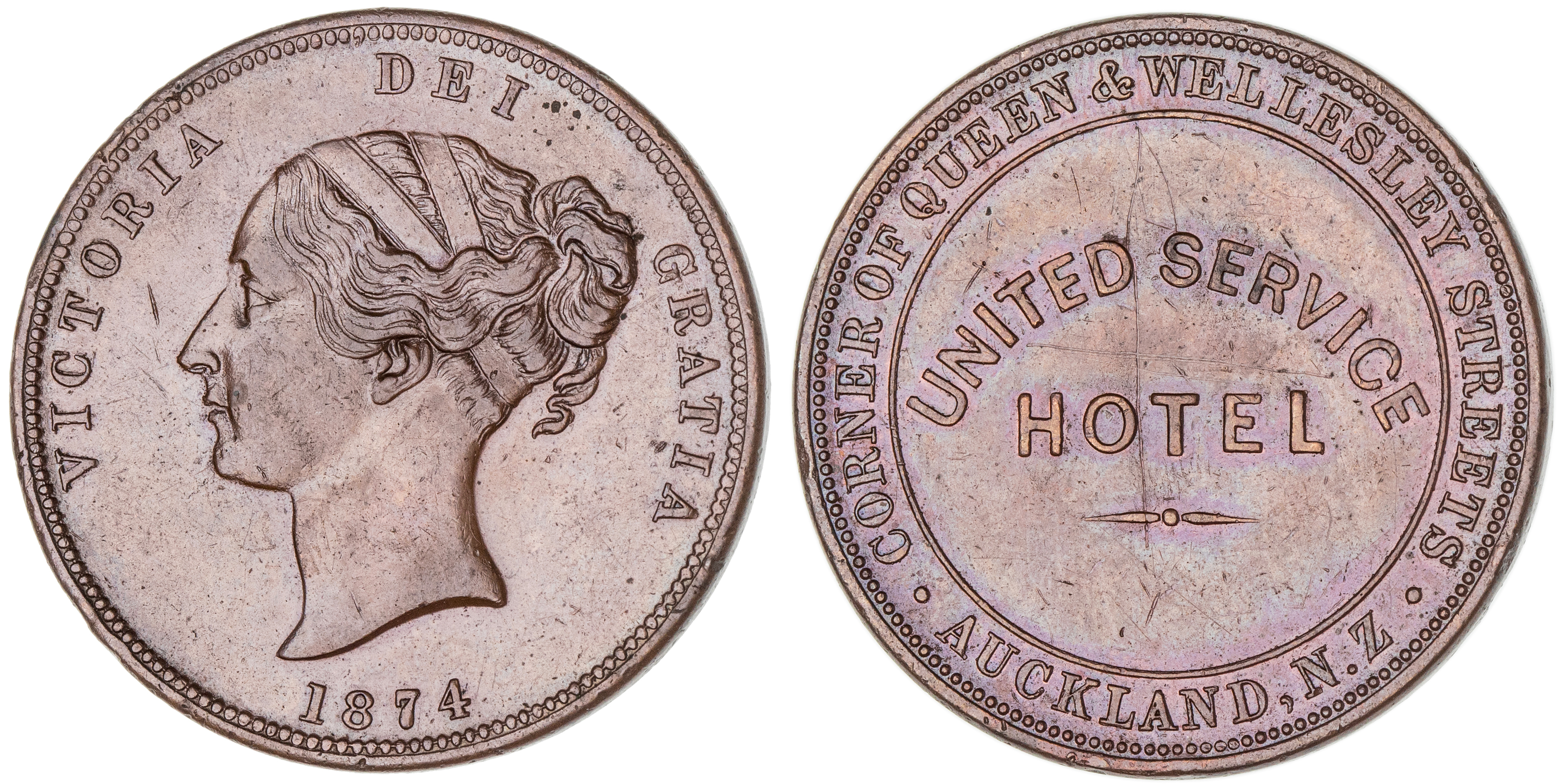 New Zealand, United Service Hotel, Auckland, Penny, 1874, gEF