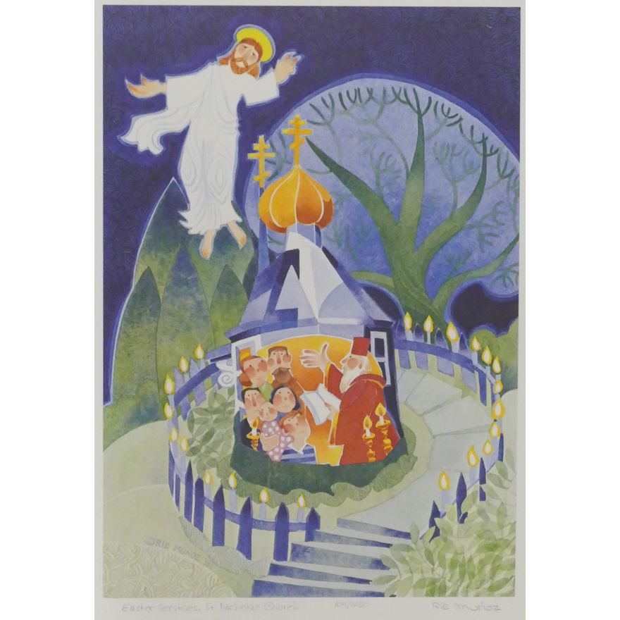 Rie Munoz "Easter Services, St. Nicholas Church" 1991 Signed Print 18.5" x 14.25" Sheet. Numbered 104 of 1250 edition. Loose, Matted.