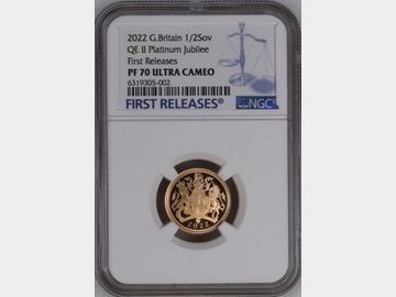 2022 ELIZABETH II 'PLATINUM JUBILEE' PROOF GOLD HALF SOVEREIGN PF70 UCAM
