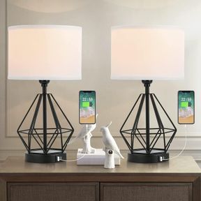 BSMATHOM MODERN HOLLOW OUT CAGE TABLE LAMP WITH DUAL USB CHARGING PORTS, INDUSTRIAL DESK LAMP METAL WITH WHITE FABRIC SHADE, SMALL