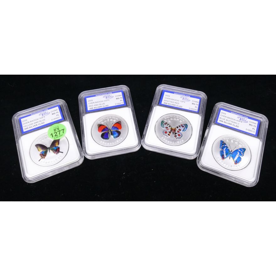 4pc Chinese Butterfly Enameled 999 Graded Silver Clad Rounds