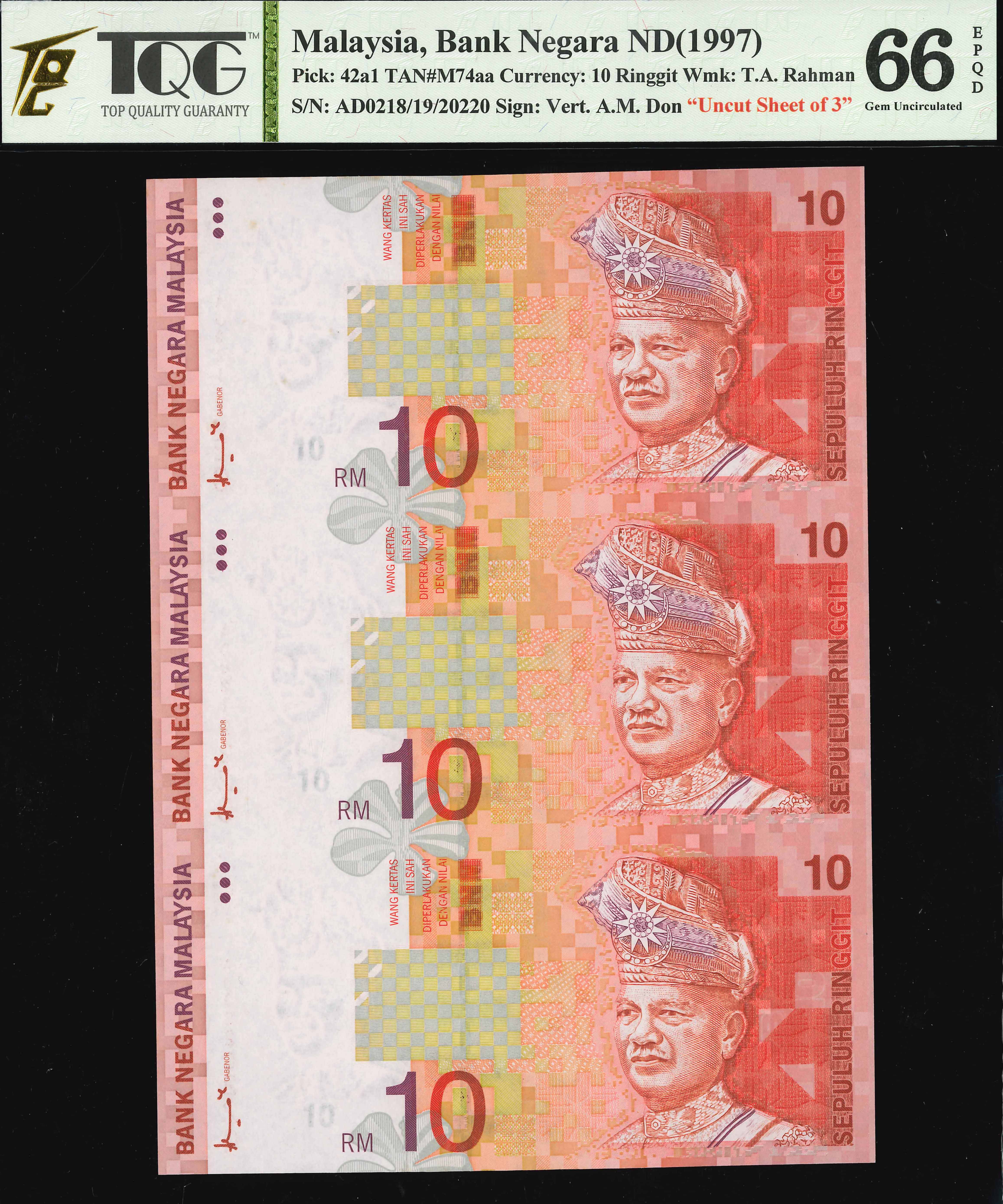 Malaysia, 8th series, 1997, 10 Ringgit, P-42a1, S/N. AD 0218/19 