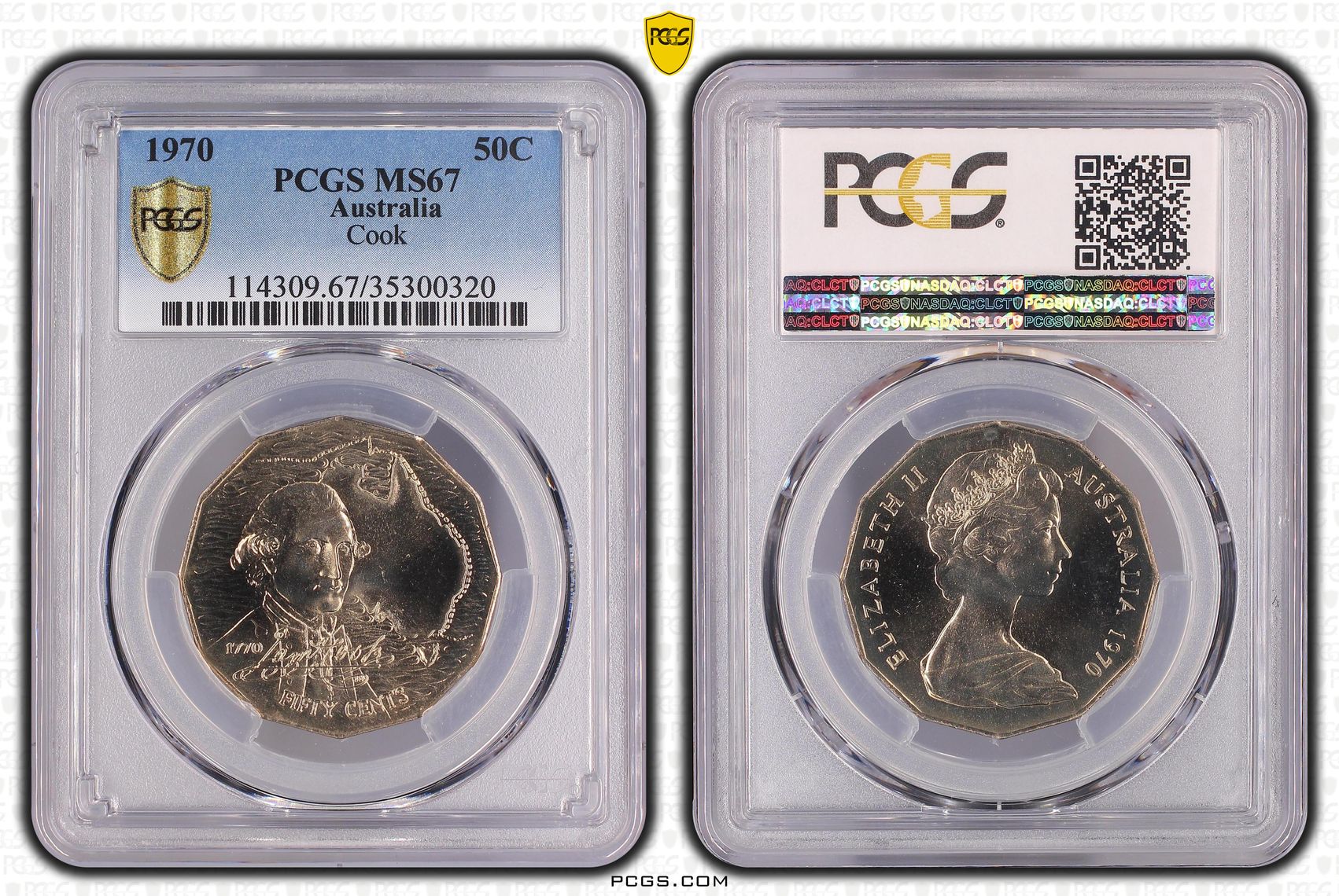1970 Australian Fifty Cent, 50c Cook PCGS - MS67 -320