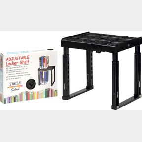 FULL TOOLS FOR SCHOOL LOCKER SHELF. ADJUSTABLE WIDTH 8" - 12 1/2" AND HEIGHT 9 3/4" - 14". STACKABLE AND HEAVY DUTY. HOLDS 40 LBS.