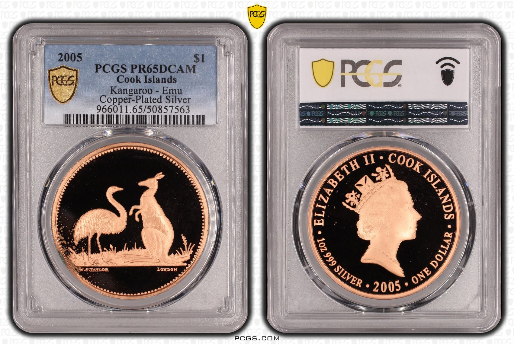 Cook Islands, Kangaroo - Emu - Copper-Plated Silver POP 1/0, One Dollar, 2005, PCGS PR65DCAM
