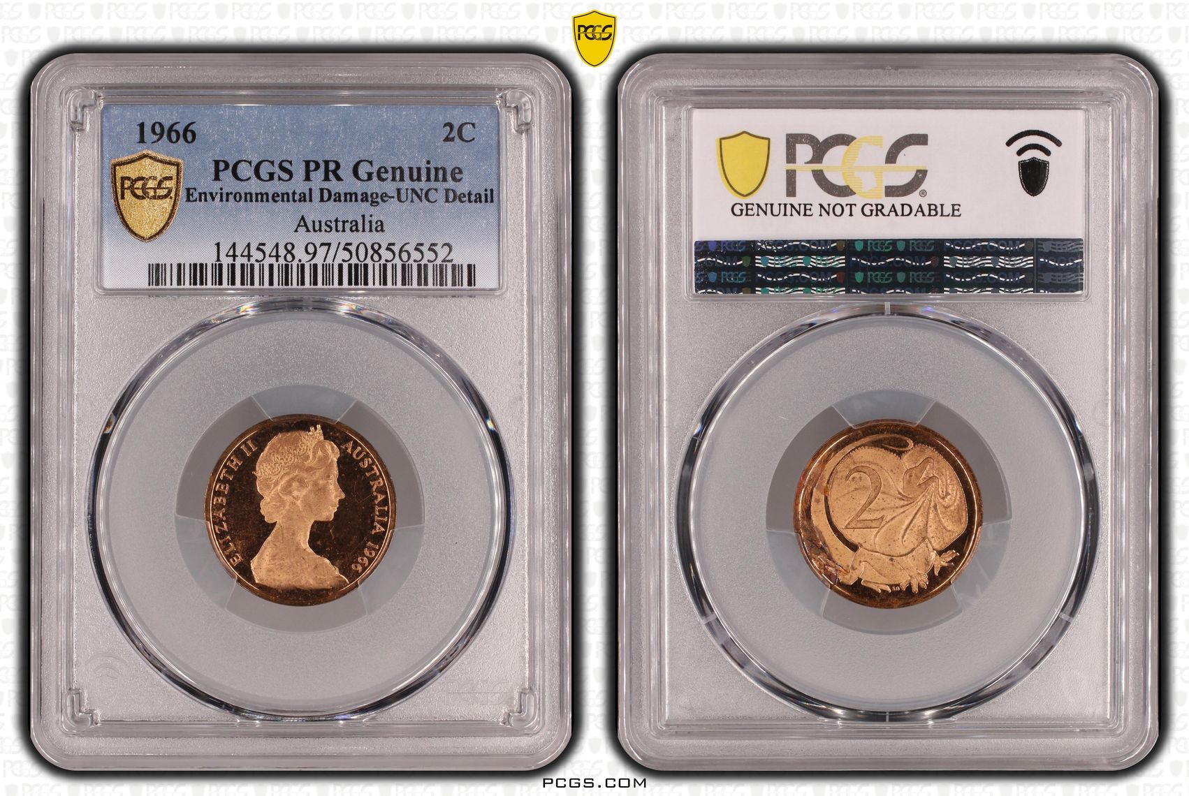 Two Cent, 1966, PCGS PR Genuine - UNC Details (97 - Environmental Damage)
