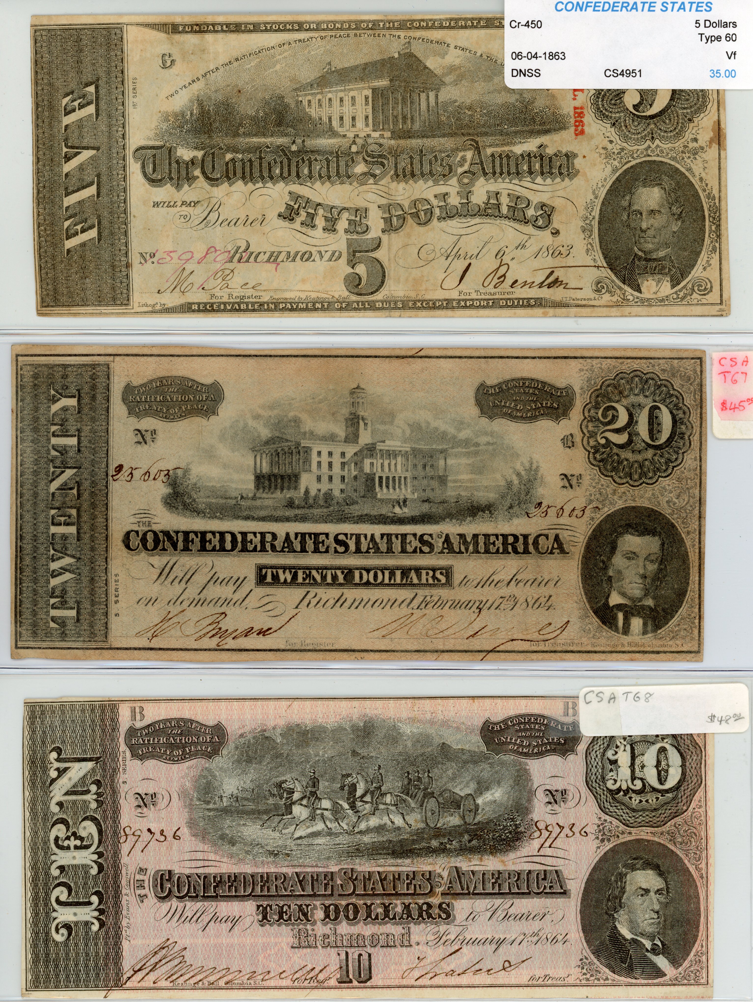 Confederate States of America. Group of nine (9) notes. . Notes average ...