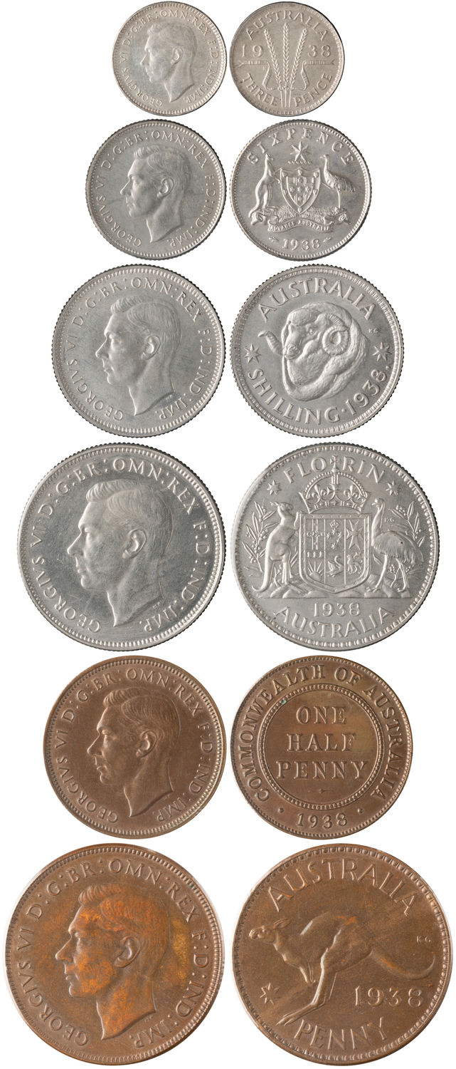 George VI, Set, Halfpenny - Florin, 1938, FDC