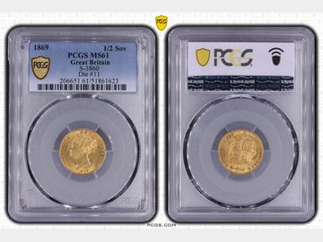 1869 VICTORIA SHIELD #DIE 11 GOLD HALF SOVEREIGN MS61