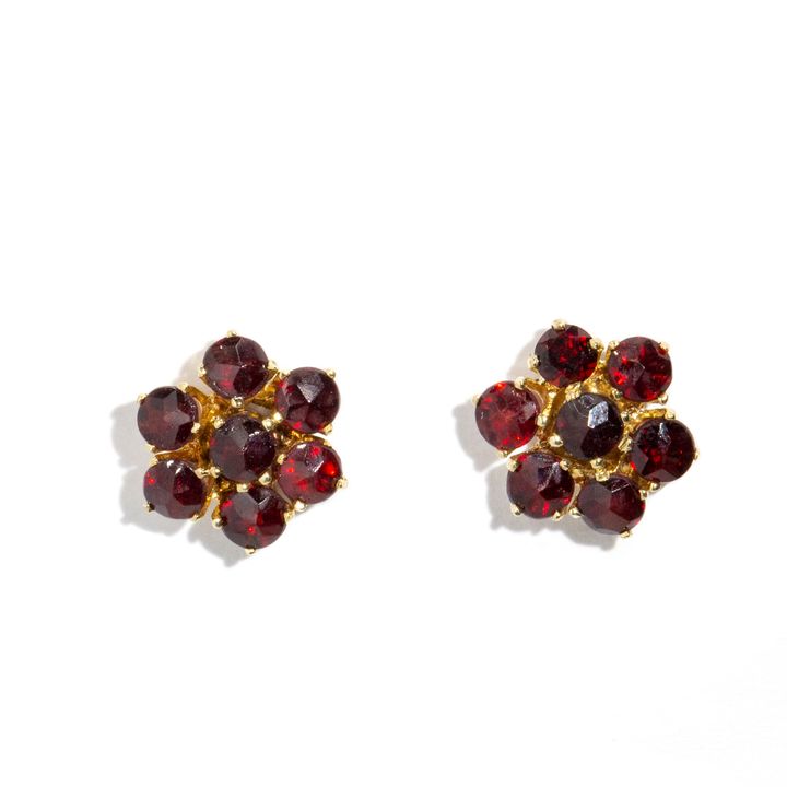 Vintage Garnet Cluster 14ct Gold Earrings