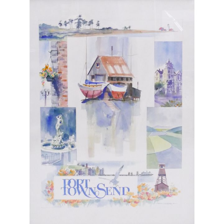 Original Jess Cauthorn (1923-2005, Washington) 'Port Townsend' Watercolor Poster Illustration. Framed, measures 32x24''