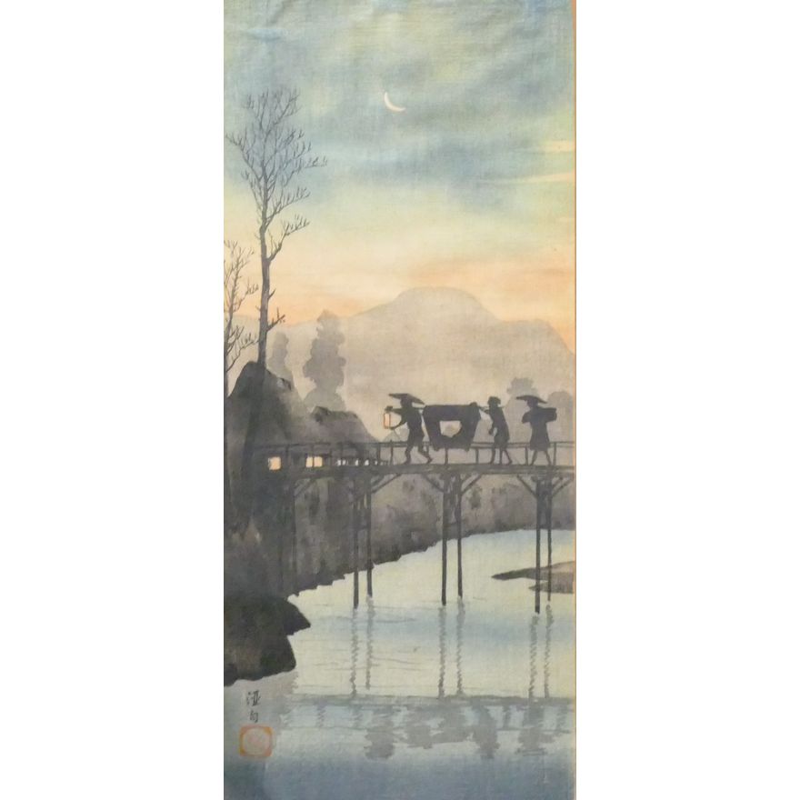 Vintage Japanese Long Woodblock Print Framed 19''x10''