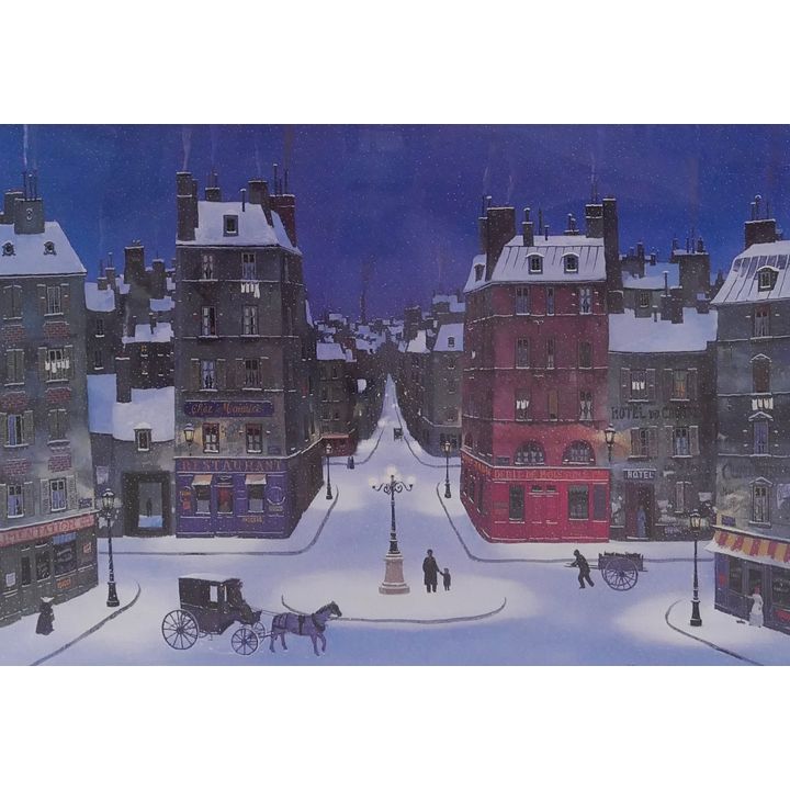 Michel Delacroix 'Paris in the Snow' Lithograph. Plate signed. Framed. Image measures 19x27'' with overall framed dimensions of 29x37''