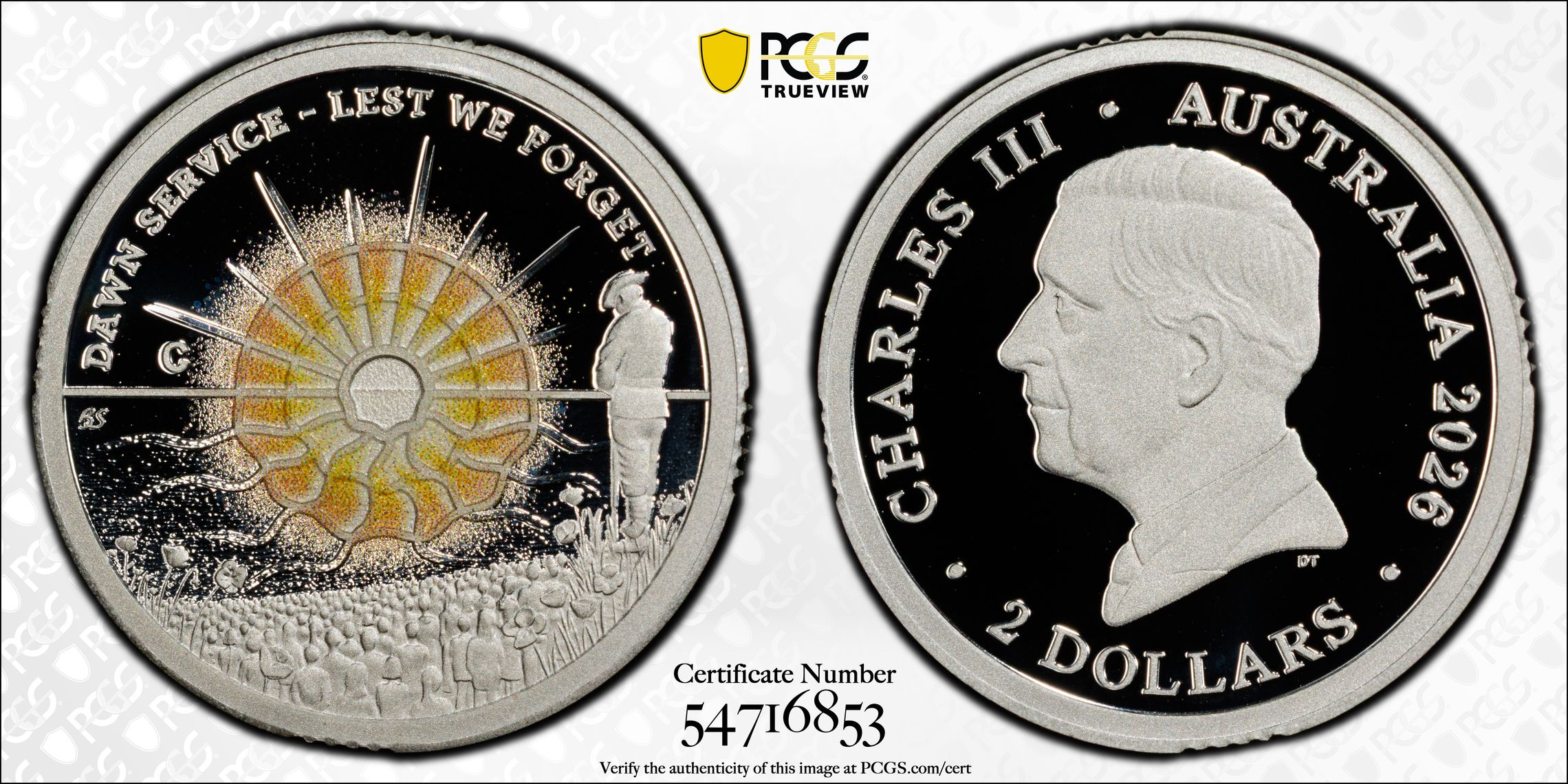Dawn Service Colourised Silver, Two Dollars, 2026-C, PCGS PR70DCAM