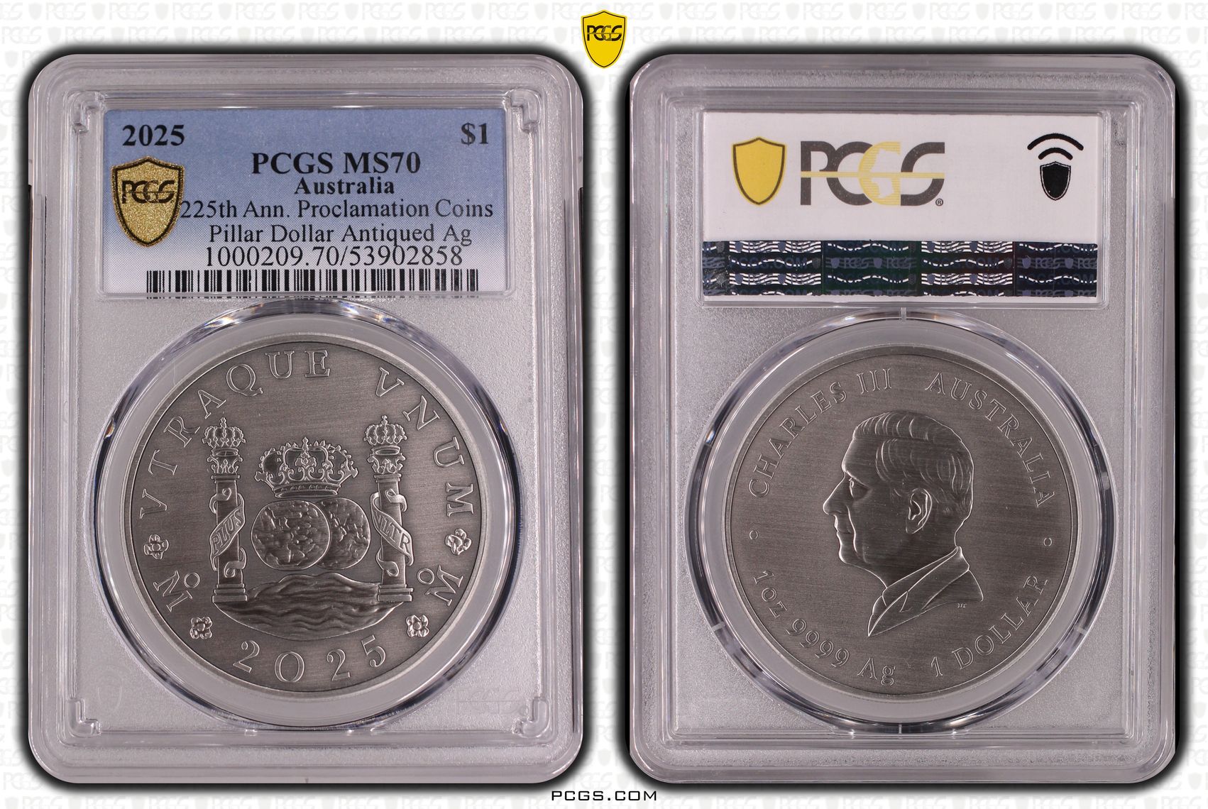 225th Ann. Proclamation Coins Pillar Dollar Antiqued Silver, 5/0, One Dollar, 2025, MS70