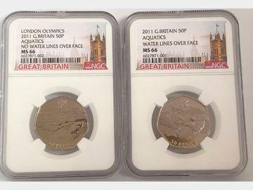 2011 AQUATICS WITH WATER LINES OVER FACE & ANOTHER WITHOUT 50 PENCE COINS BOTH MS66