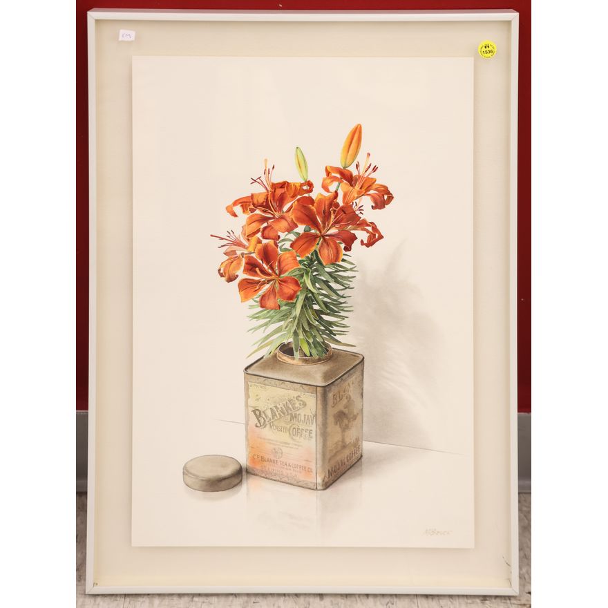 Marjorie Bruce (WA) ''Floral Still Life in Coffee Can'' Watercolor Framed 24''x18''