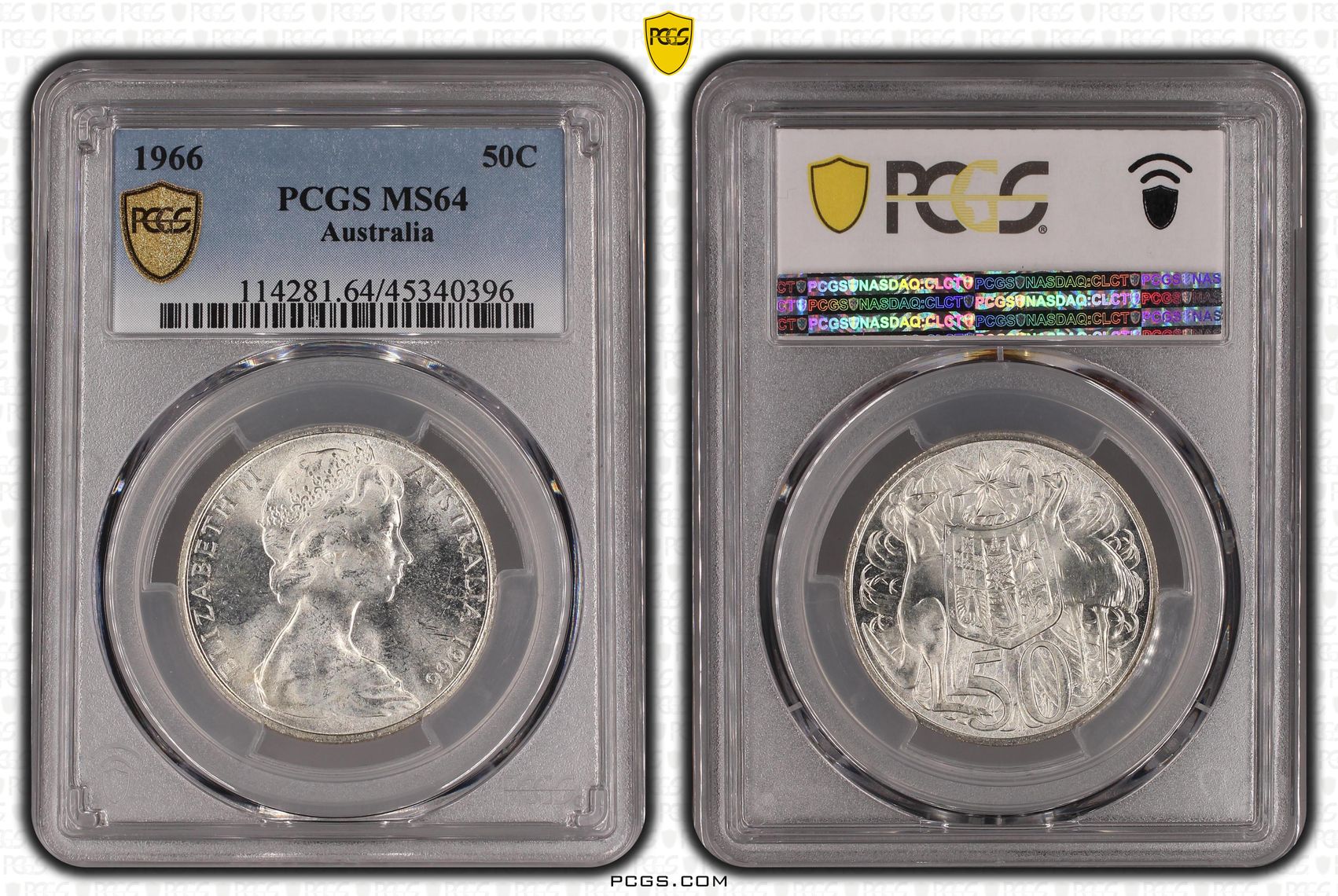 1966 Australia Fifty Cent, 50c Silver PCGS - MS64 -396