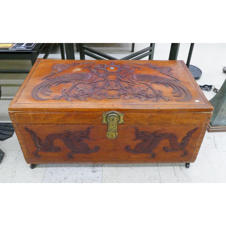 Old Chinese Carved Phoenix and Bat Wood Trunk 17''x35''x20''