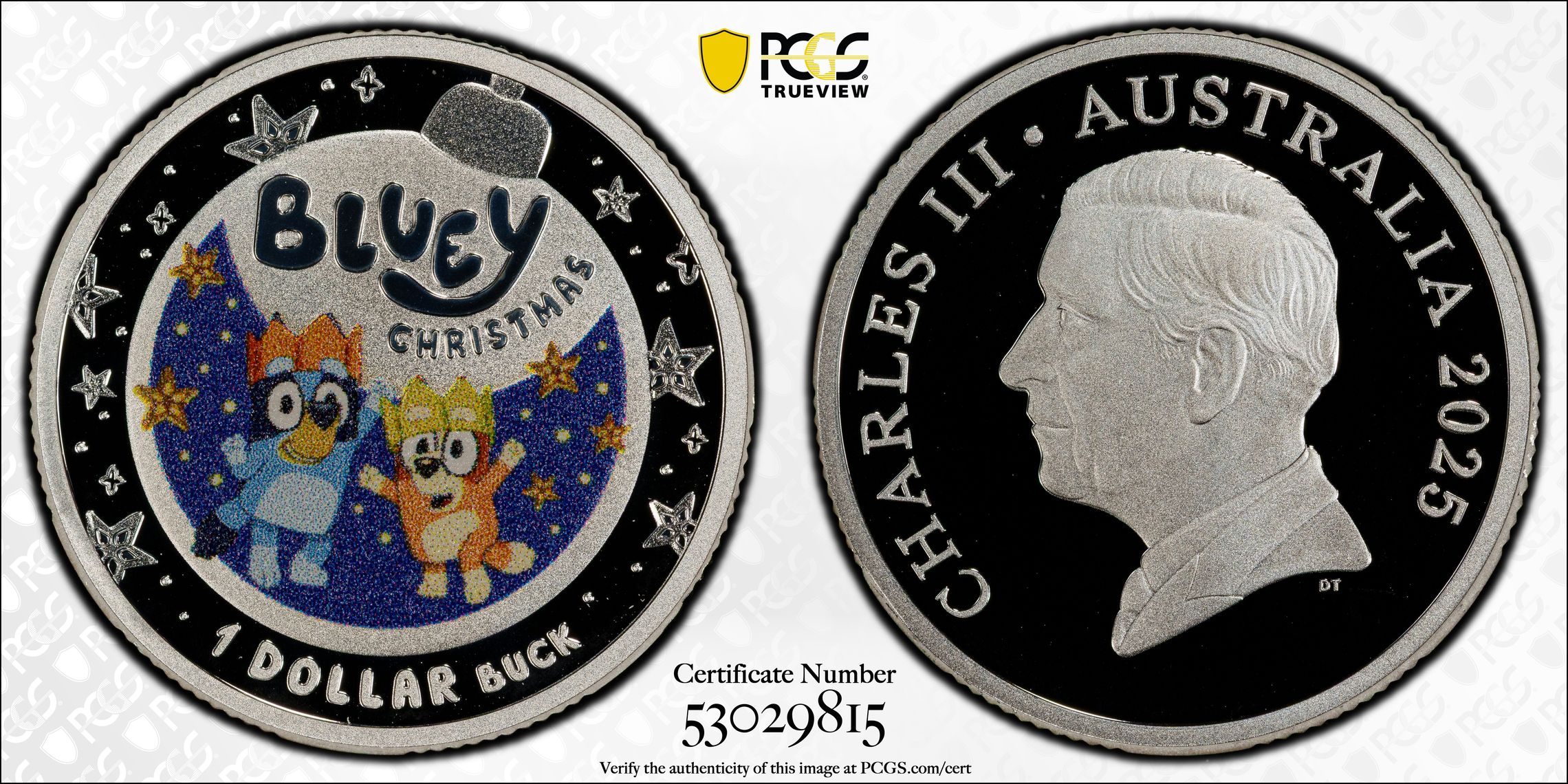 Bluey Christmas Colourised Silver, One Dollar, 2025, PCGS PR70DCAM