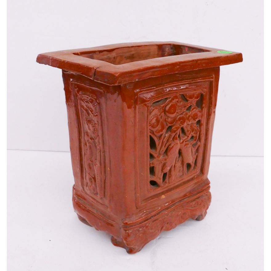 Antique Chinese Provincial Red Ceramic Chopstick Holder- 9.5x9''- some chipping