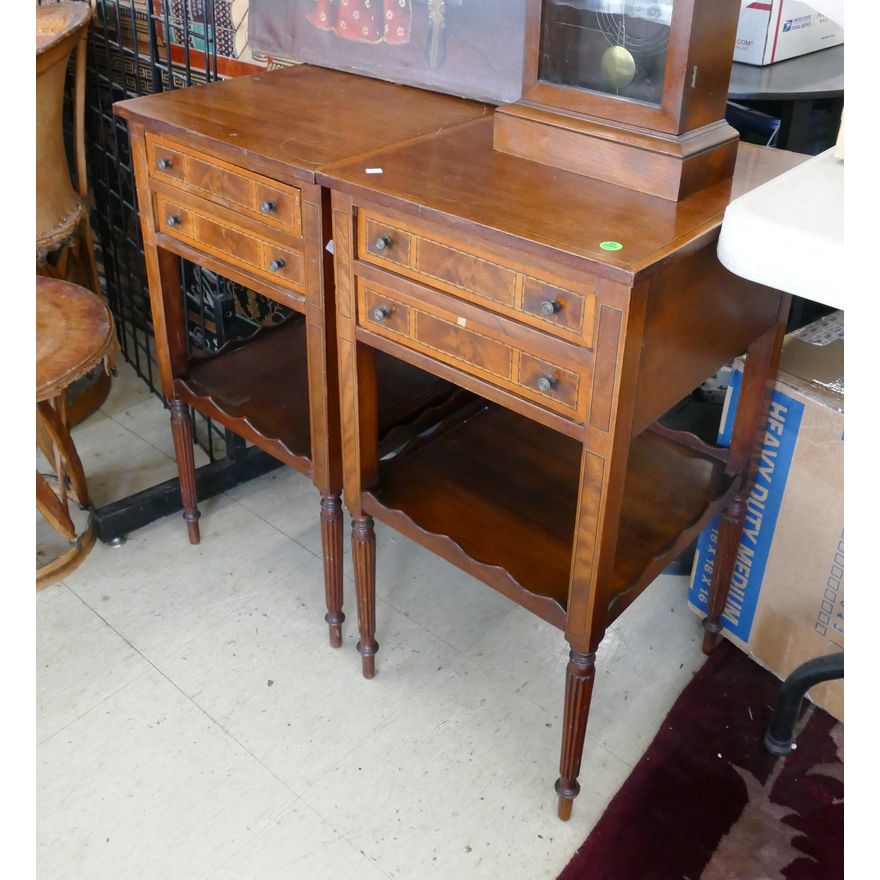 Pair Antique Inlaid Mahogany 2 Drawer Side Stands- 29x15x16'' (one needs repair to leg)