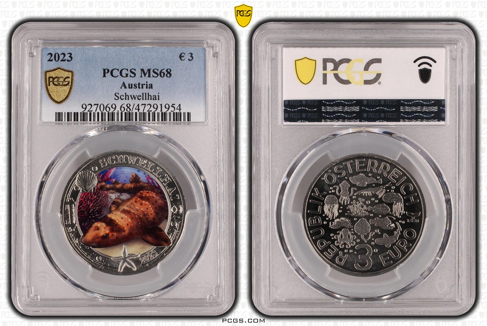 Austria, Schwellhai POP 1/0, 3 Euro, 2023, PCGS MS68