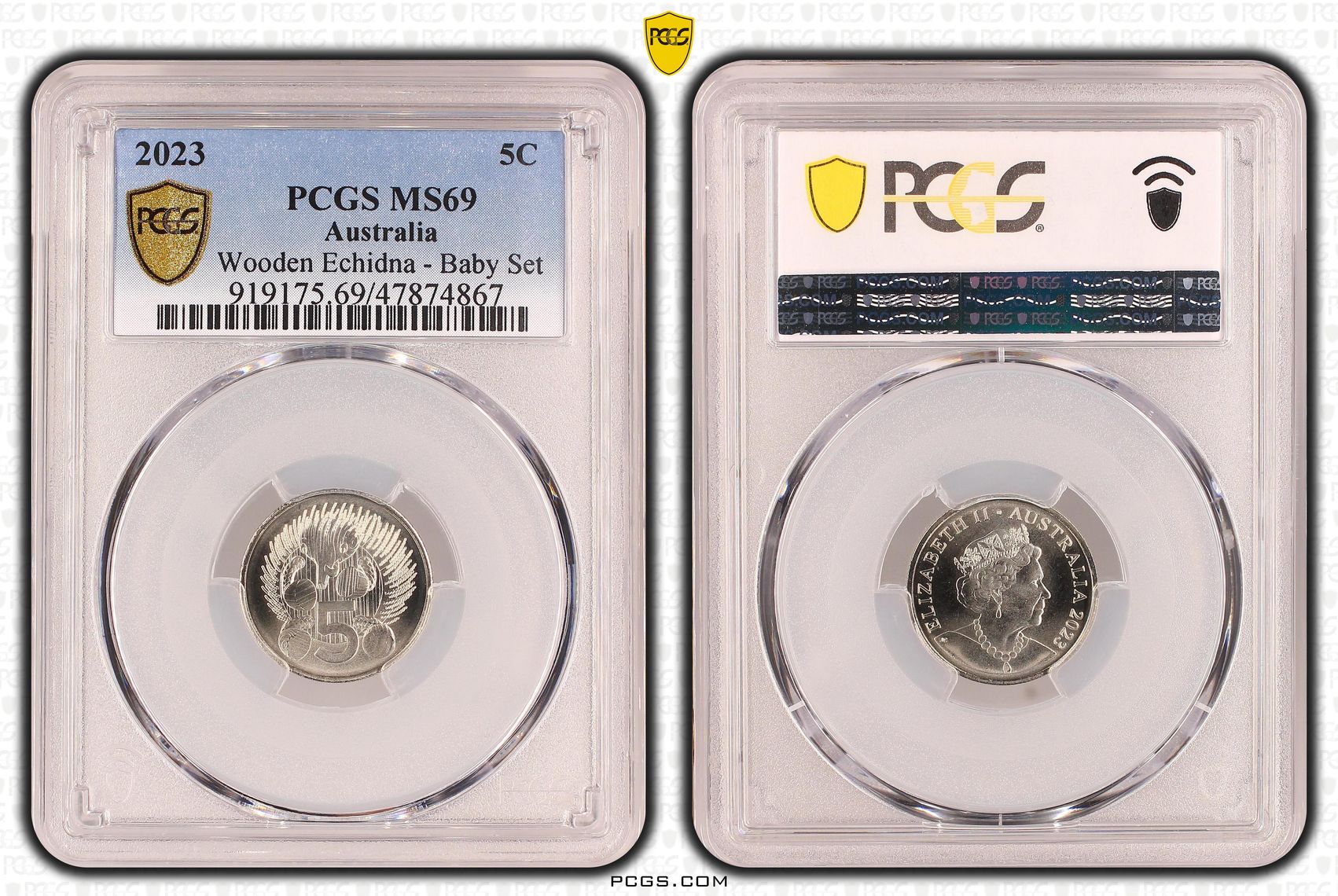Wooden Echidna - Baby Set, Five Cent, 2023, PCGS MS 69