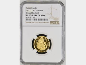 2022 TUDOR BEASTS 'LION OF ENGLAND' GOLD 1/4oz PROOF £25 COIN PF70 UCAM TOP POP!