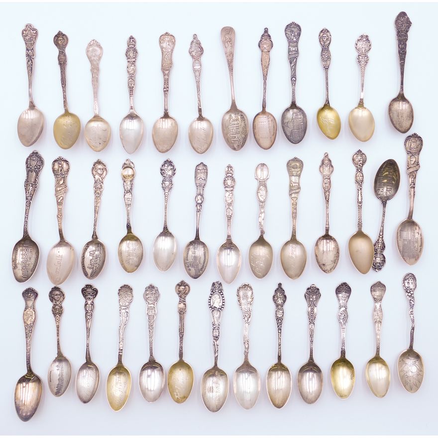 Tray 38pc Ornate Antique Sterling Souvenir Spoons - 691 Grams TW