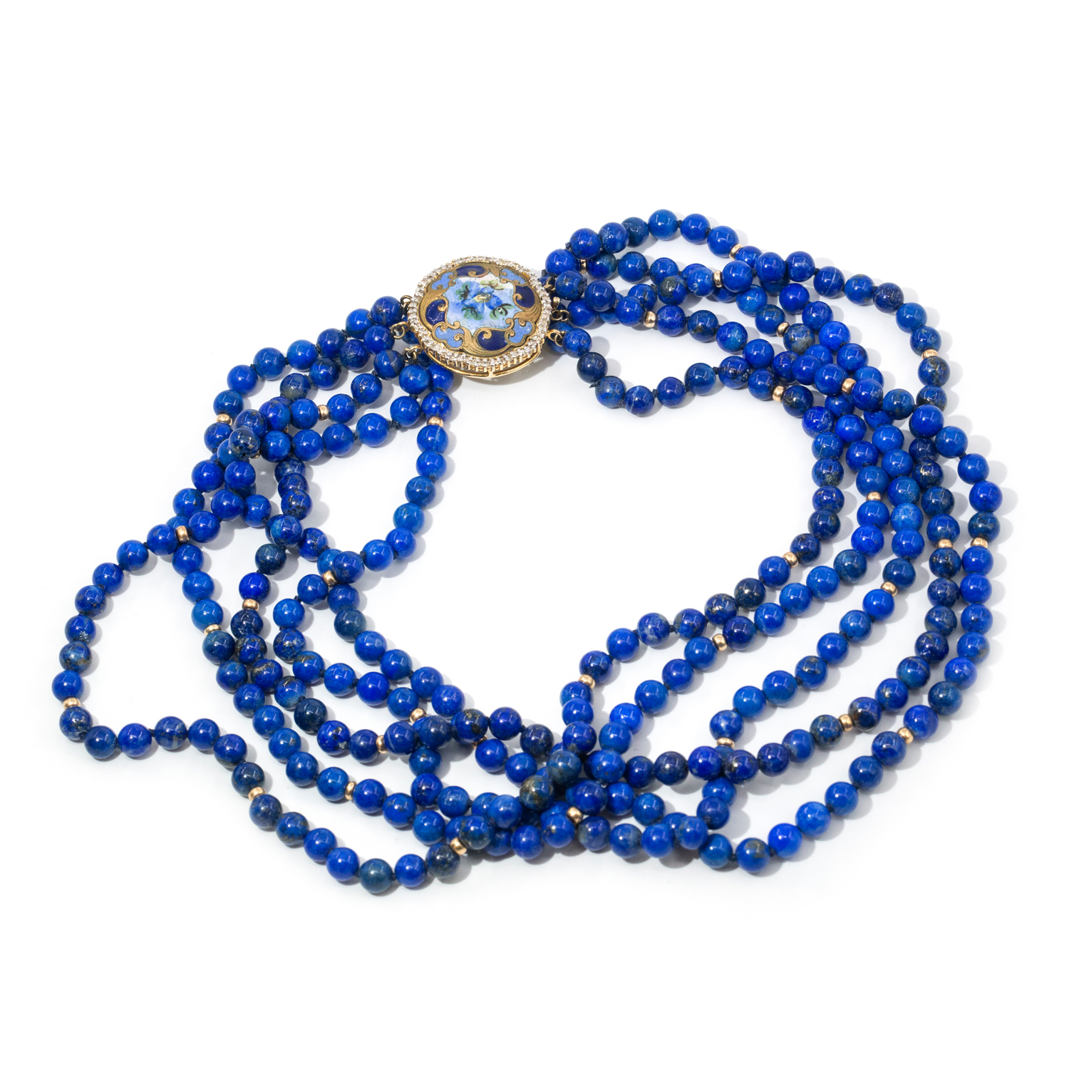 14ct Diamond Clasp on 5 Strand Dyed Lapis