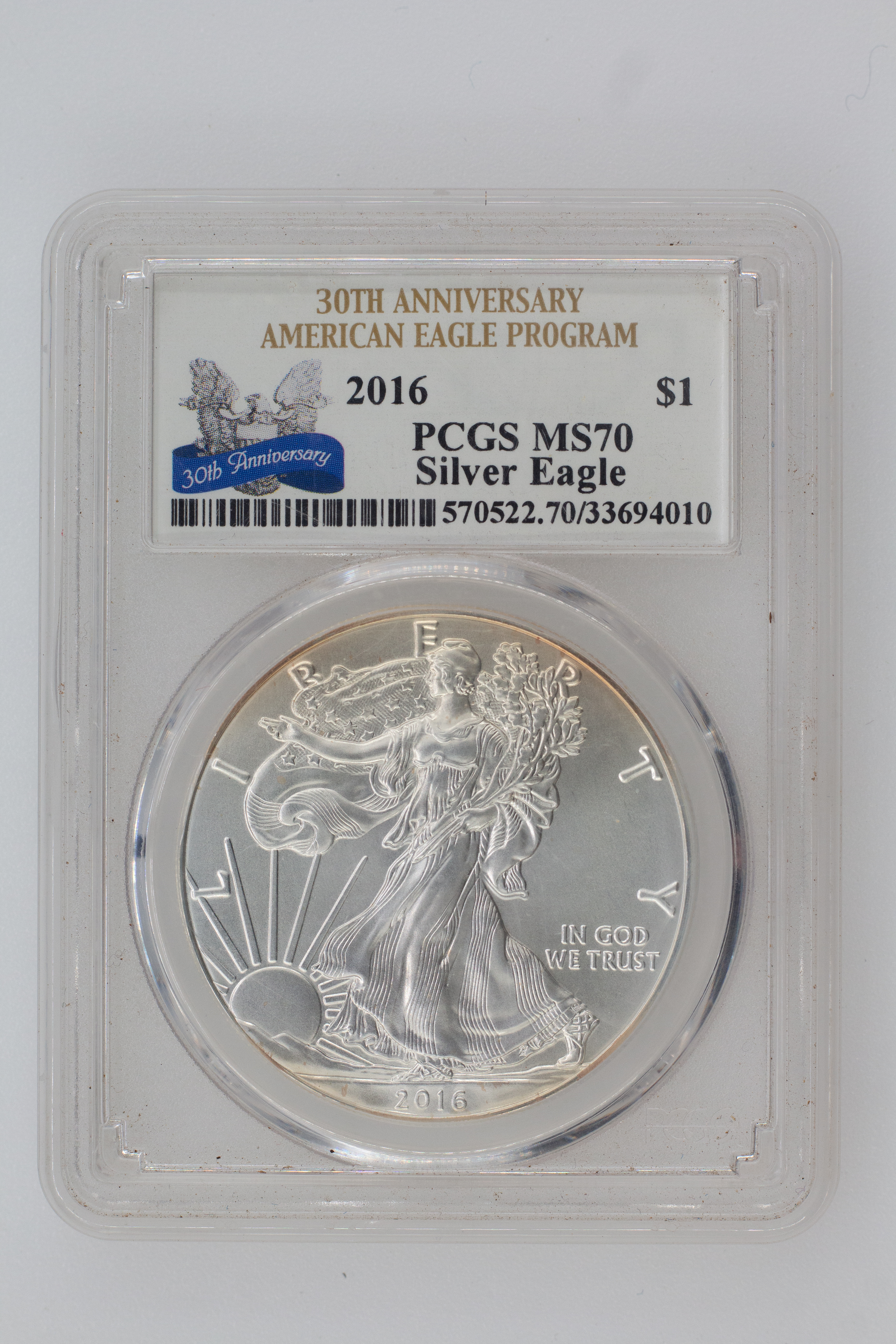 2016 The United States of America One Dollar, $1 99.93% Silver, .007% Copper Silver Eagle 30th Anniversary PCGS - MS70 POP 206815/0 -010