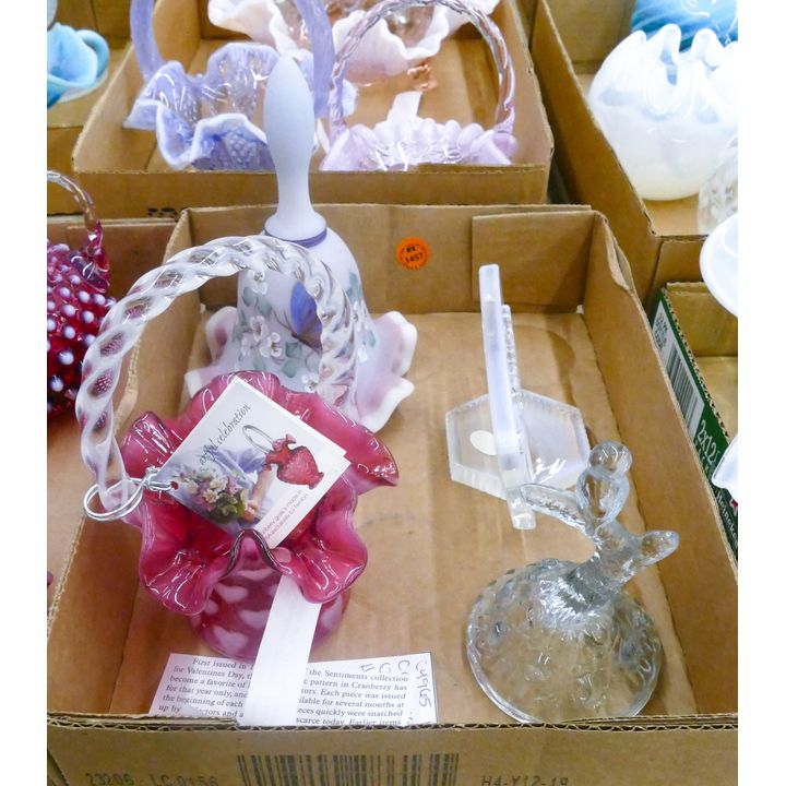 Box 4pc Fenton Glass Bell & Dealer Sign etc.