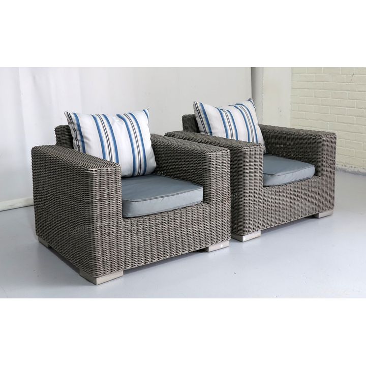 PAIR OF ALL WEATHER ARMCHAIRS with dust covers