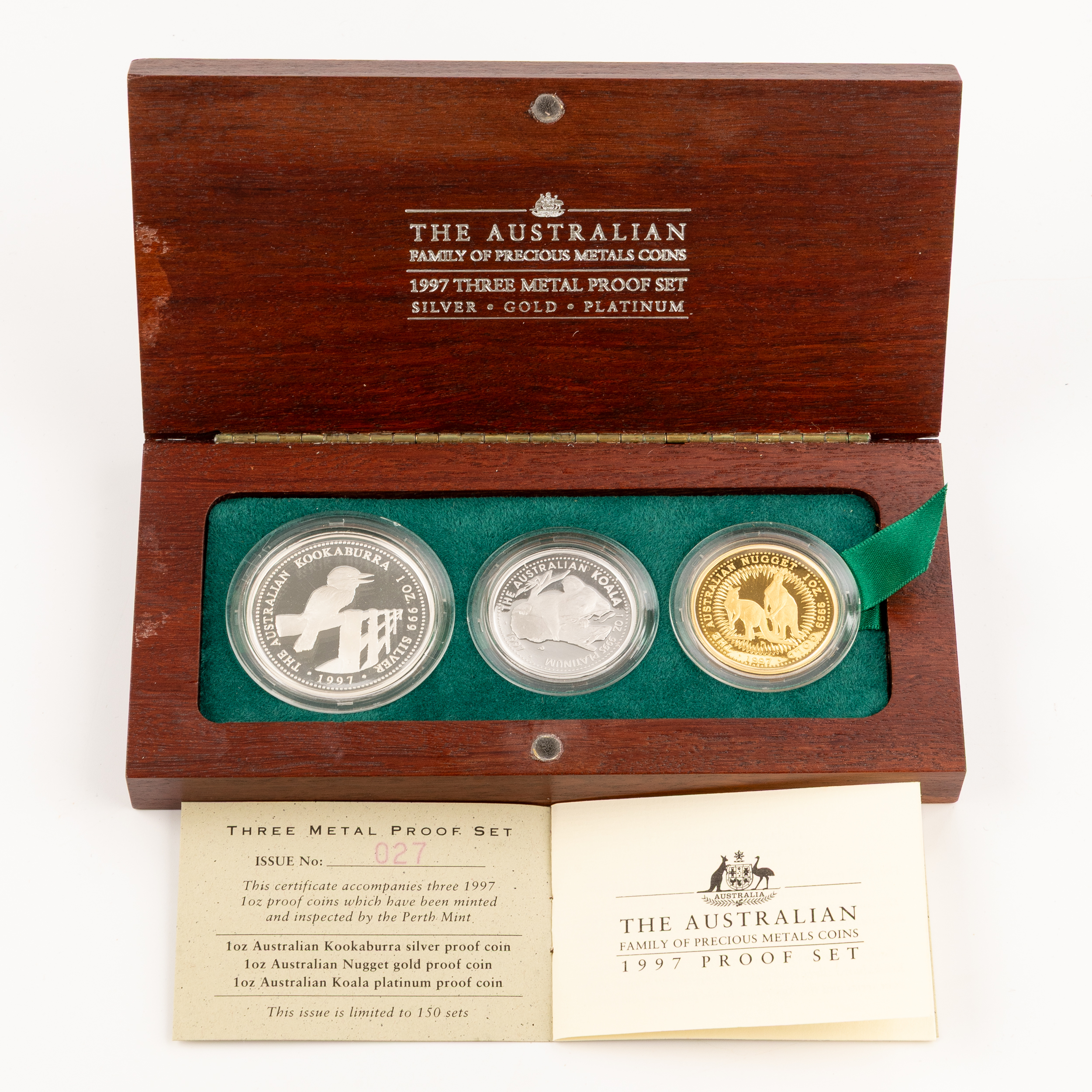 Elizabeth II, Three Metal Proof Set, Silver, Gold, Platinum, One Dollar - One Hundred Dollars, 1997, FDC