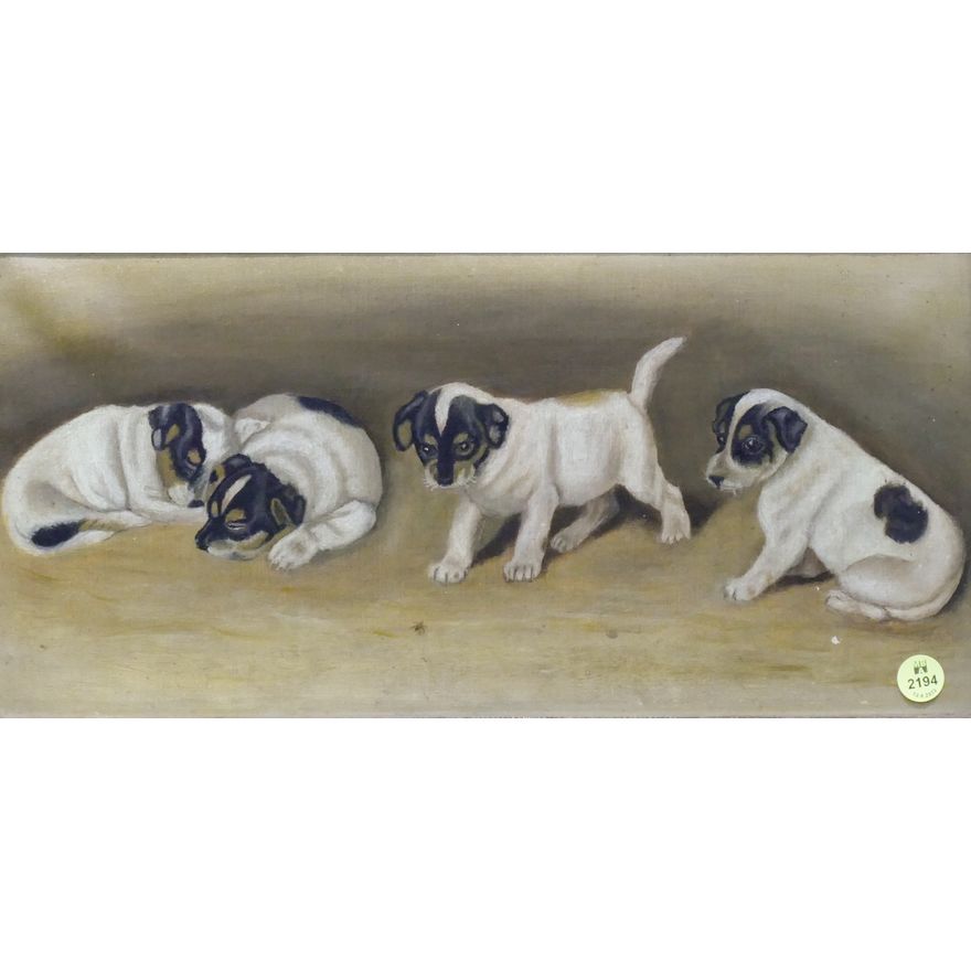 Antique Puppies Oil on Canvas Framed- 12x20''