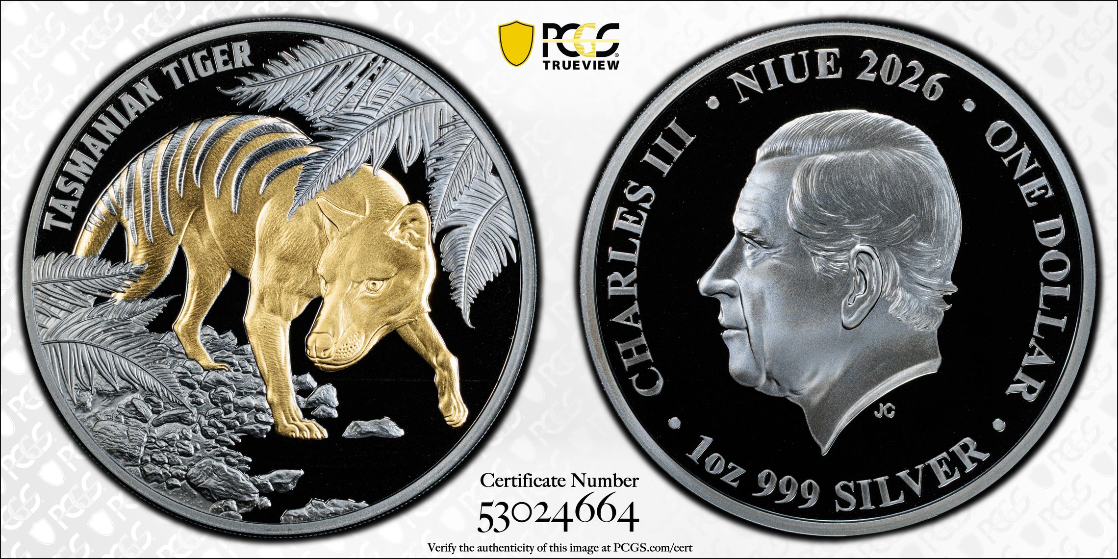 Niue, Tasmanian Tiger Silver Black PR, Select Gilt, 4/0, One Dollar, 2026, PR70DCAM