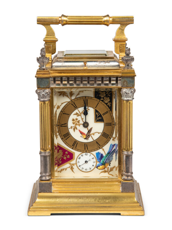 A French Silvered and Gilt Brass Porcelain-Mounted Carriage Clock ...