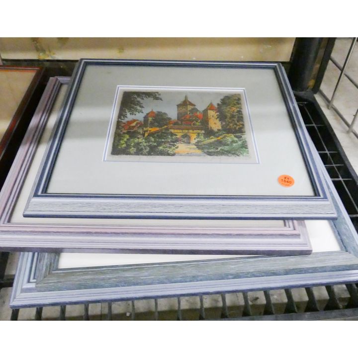 4pc Vintage European Etchings on Silk Framed- largest 14x16'' (Lazz)