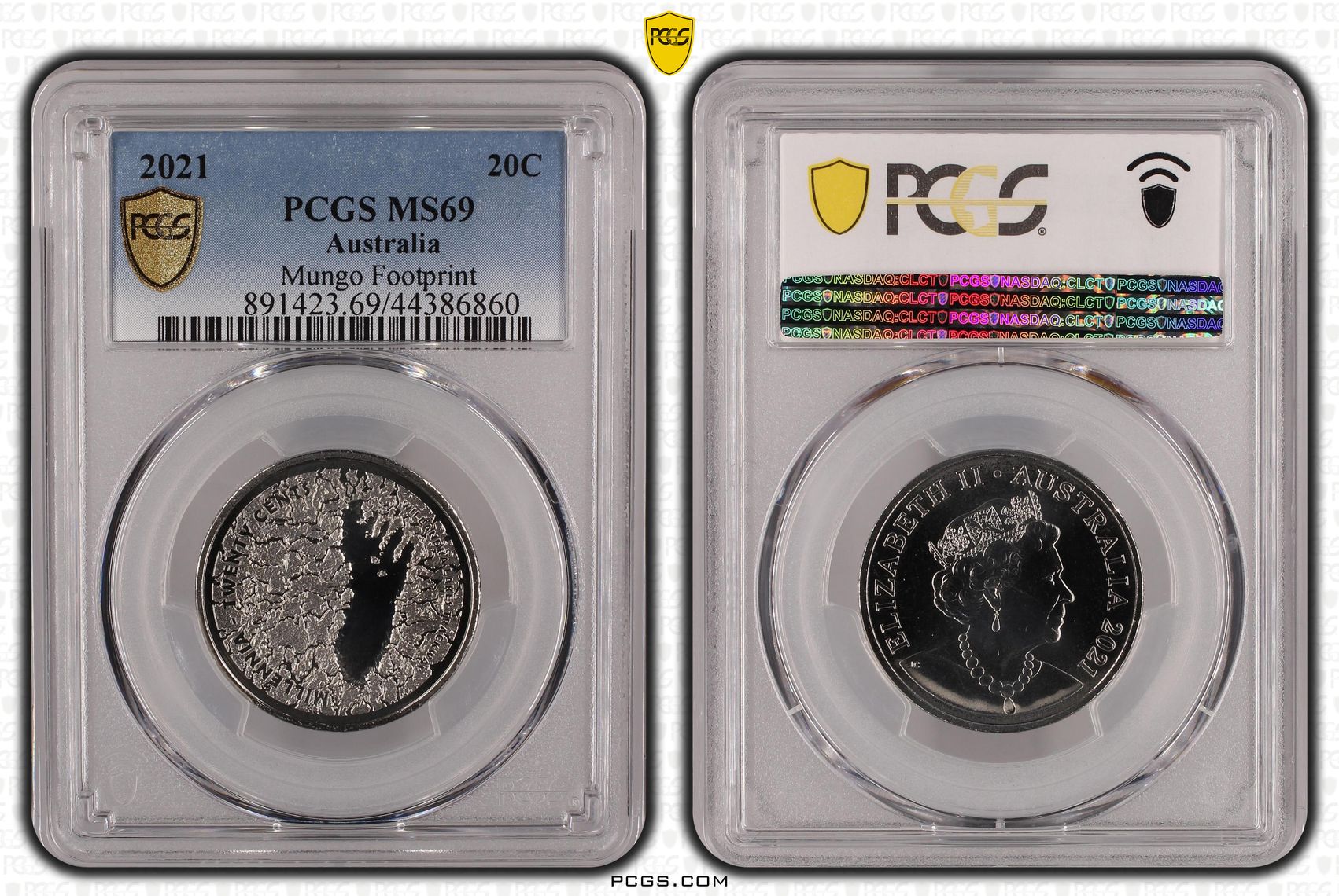 Elizabeth II, Mungo Footprint, Twenty Cent, 2021, PCGS MS 69