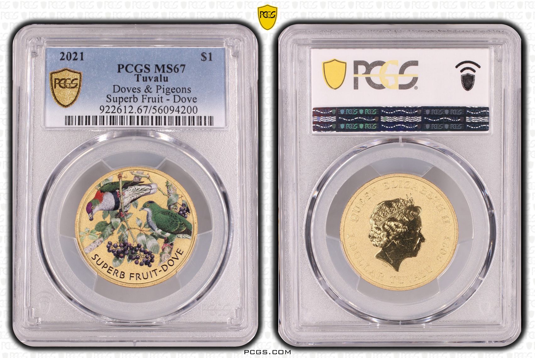 Tuvalu, Doves & Pigeons Superb Fruit - Dove Colorized, One Dollar, 2021, PCGS MS67
