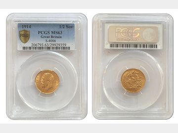 1914 GEORGE V LONDON MINT GOLD HALF SOVEREIGN PCGS MS63