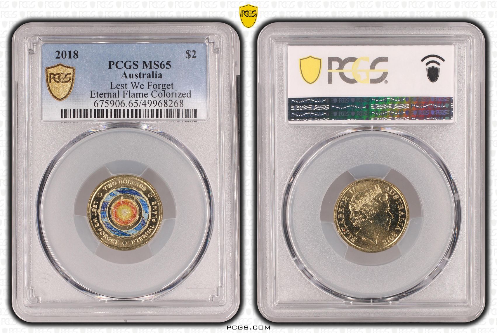 Lest We Forget Eternal Flame Colourised, Two Dollar, 2018, PCGS MS65