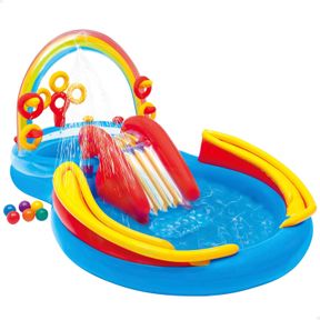 INTEX 57453EP 9.75 FOOT X 6.3 FOOT X 53 INCH MULTICOLOR RAINBOW SLIDE KIDS INFLATABLE POOL WITH WATER SLIDE AND RING TOSS FOR CHIL