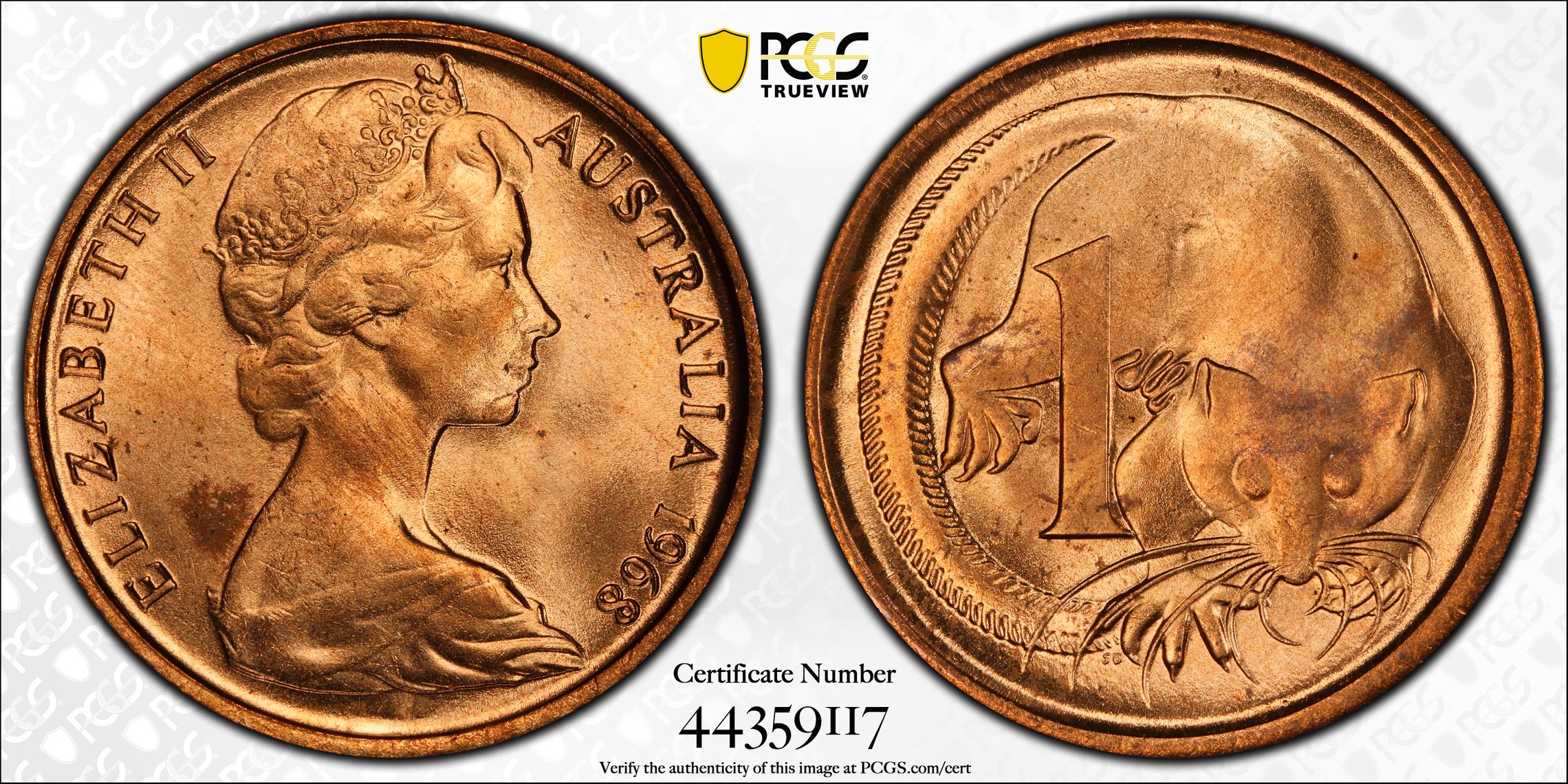 Elizabeth II, One Cent, 1968, PCGS MS66RD