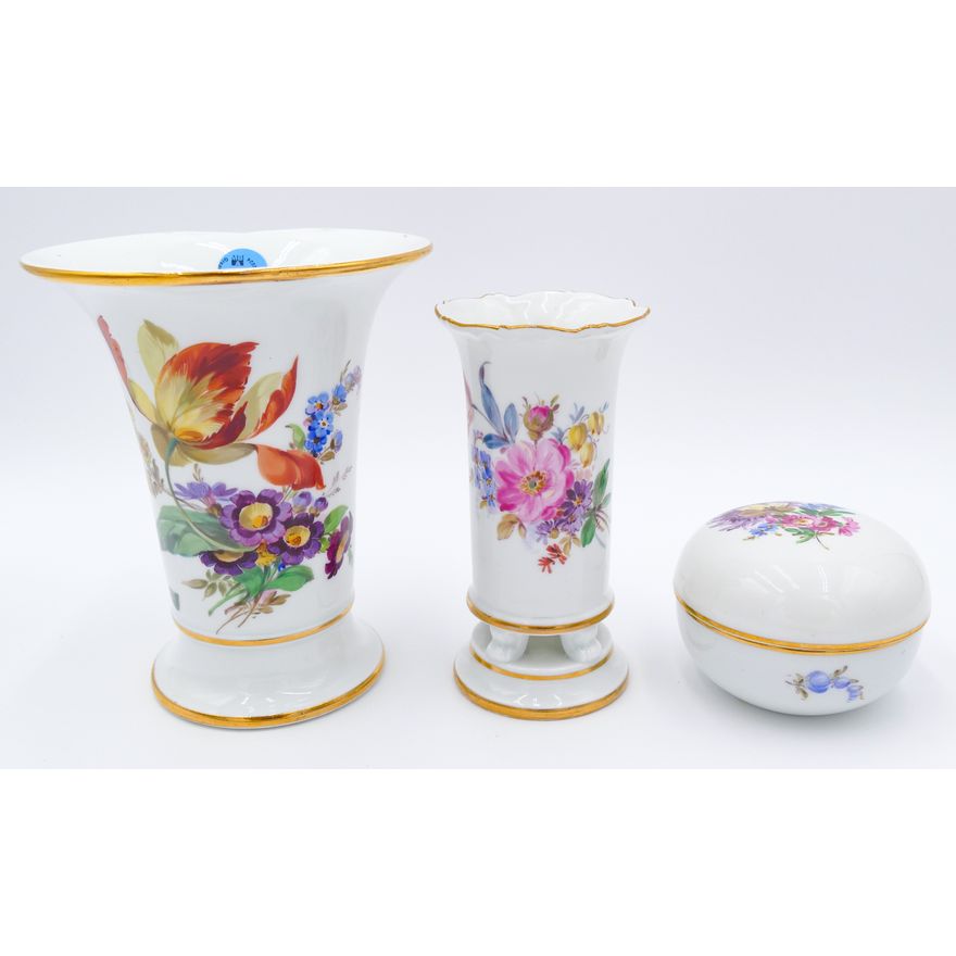 3pc Meissen Floral Porcelain Vases and Round Box