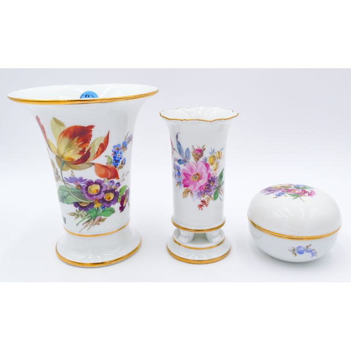 3pc Meissen Floral Porcelain Vases and Round Box