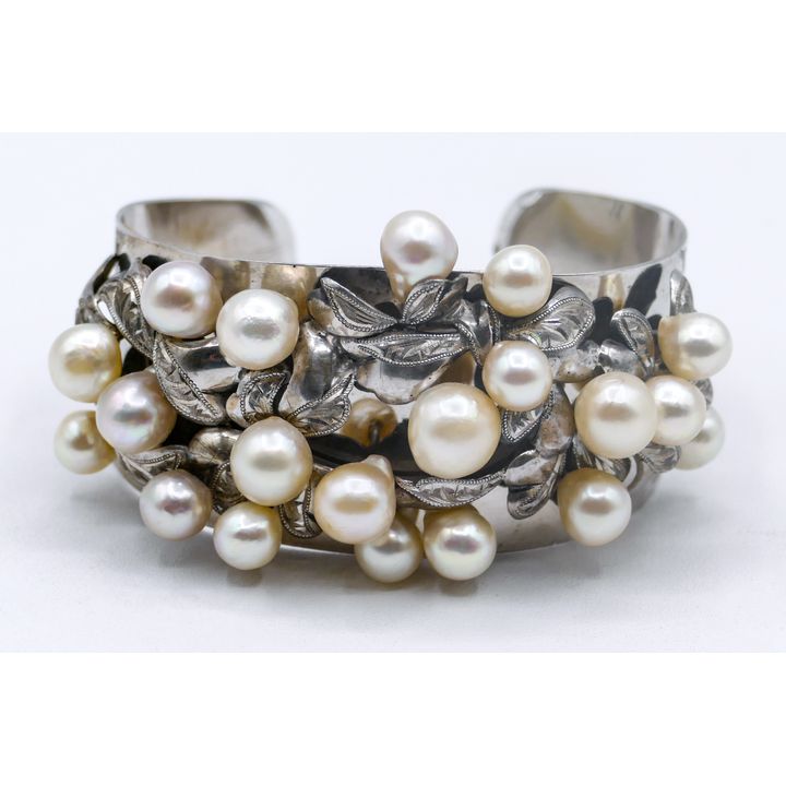 Vintage Silver & Large Real Pearl Cuff Bracelet 40mm
