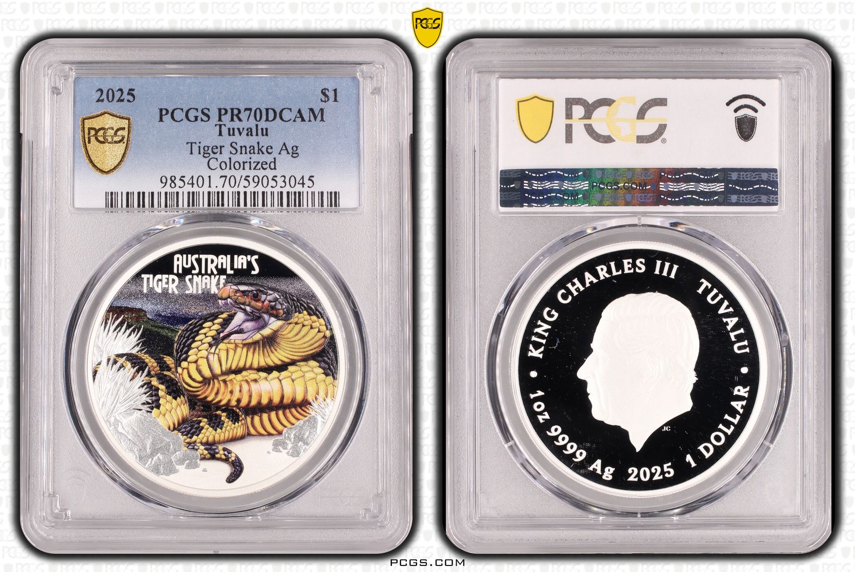 Tuvalu, Tiger Snake Ag Colorized, POP 2/0, One Dollar, 2025, PCGS PR70DCAM